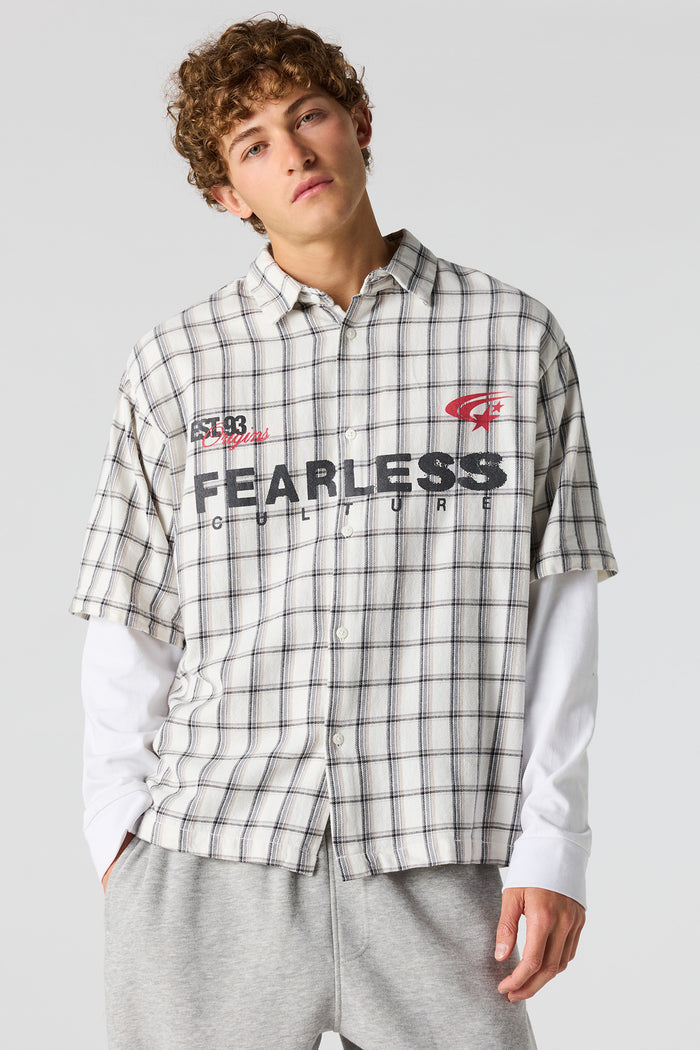 Plaid Twofer Long Sleeve Button-Up Top