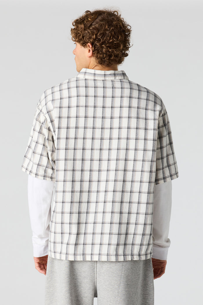 Plaid Twofer Long Sleeve Button-Up Top