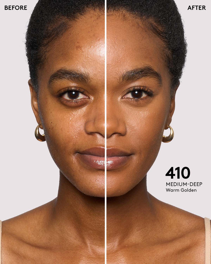 before and after photos of model wearing Fenty Beauty Pro Filt'r Instant Retouch Concealer in medium-deep shade