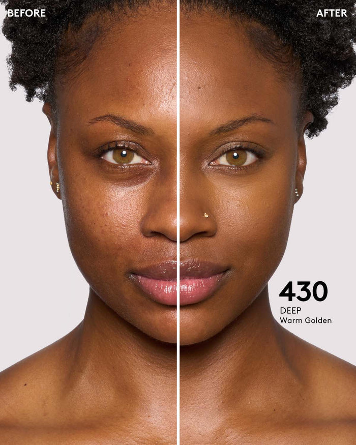 before and after photos of model wearing Fenty Beauty Pro Filt'r Instant Retouch Concealer in deep shade