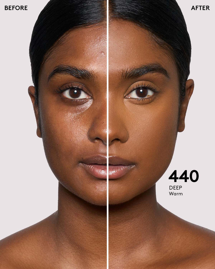 before and after photos of model wearing Fenty Beauty Pro Filt'r Instant Retouch Concealer in deep shade