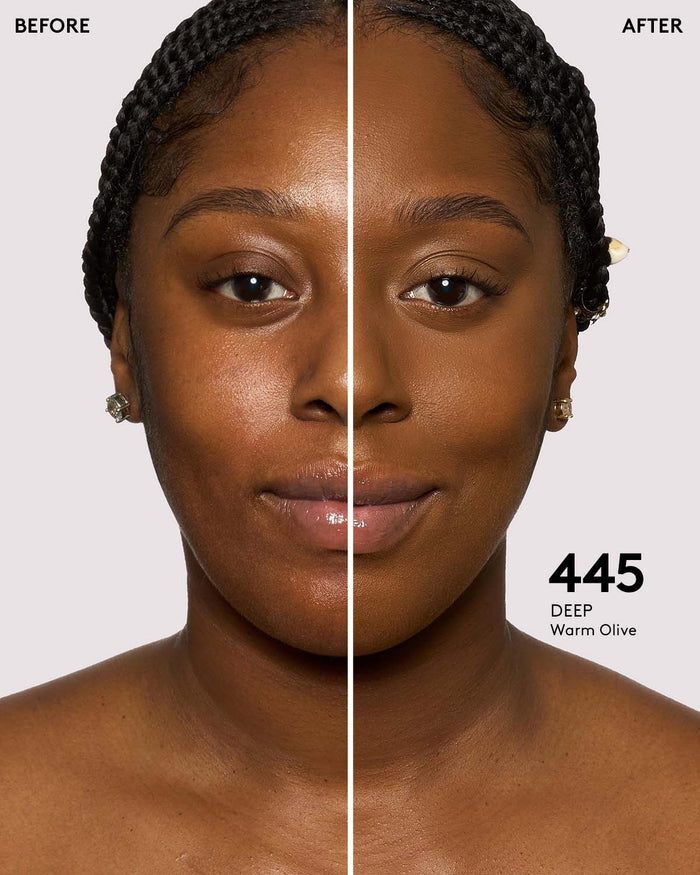 before and after photos of model wearing Fenty Beauty Pro Filt'r Instant Retouch Concealer in deep shade