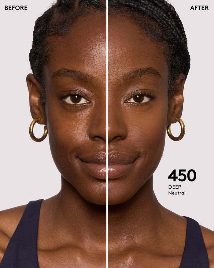 before and after photos of model wearing Fenty Beauty Pro Filt'r Instant Retouch Concealer in deep shade