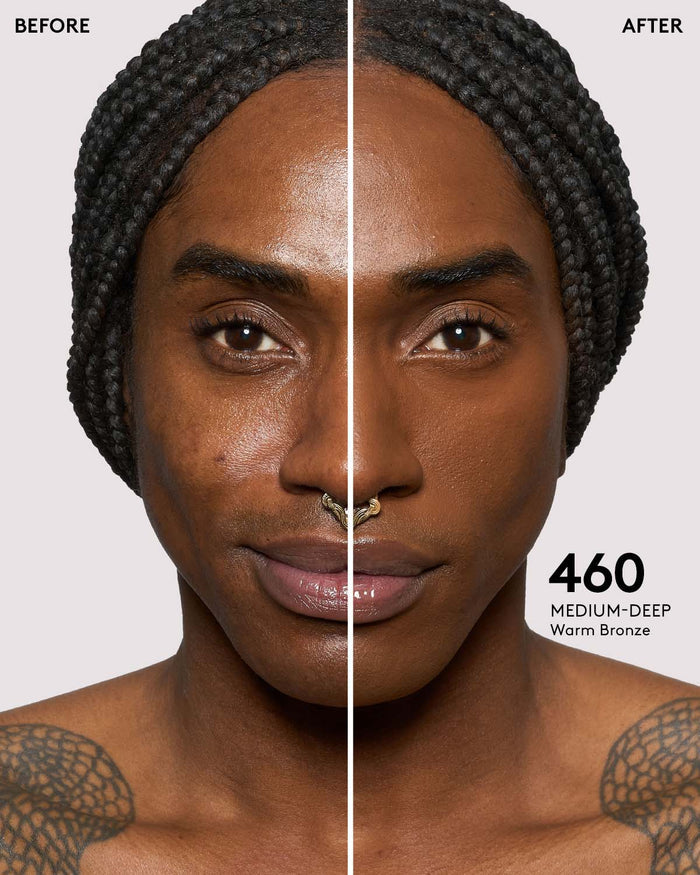 before and after photos of model wearing Fenty Beauty Pro Filt'r Instant Retouch Concealer in deep shade