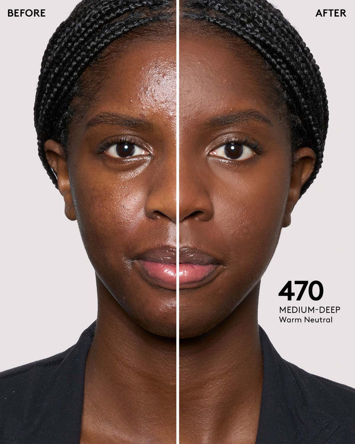 before and after photos of model wearing Fenty Beauty Pro Filt'r Instant Retouch Concealer in deep shade