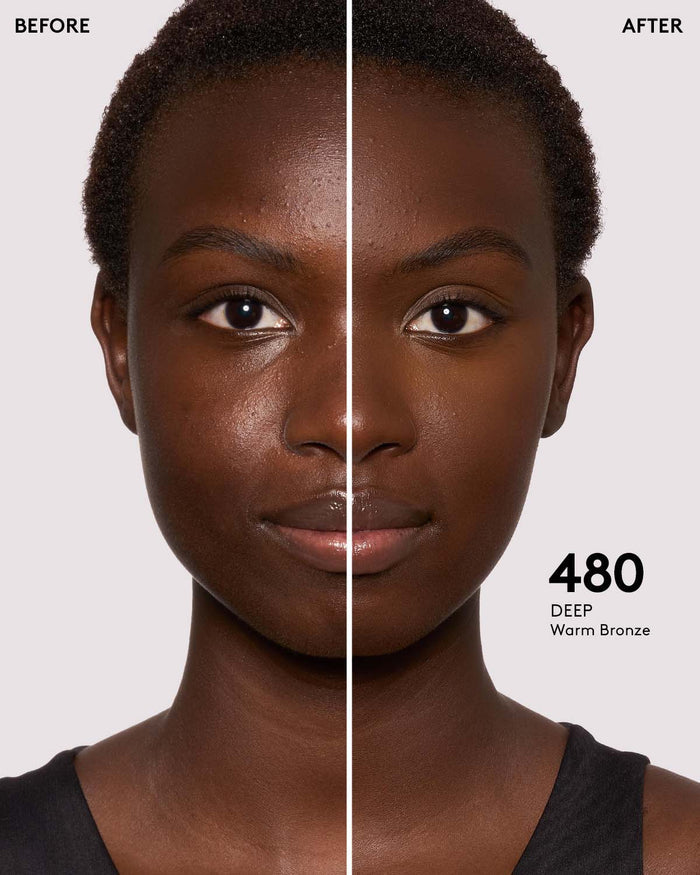 before and after photos of model wearing Fenty Beauty Pro Filt'r Instant Retouch Concealer in deep shade