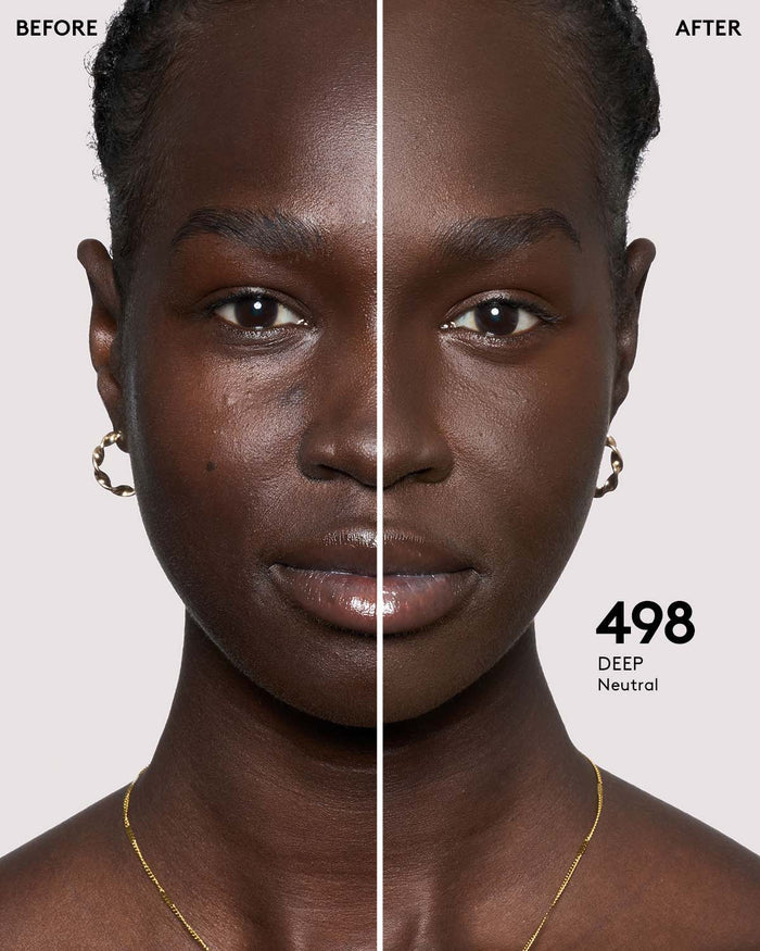 before and after photos of model wearing Fenty Beauty Pro Filt'r Instant Retouch Concealer in deep shade