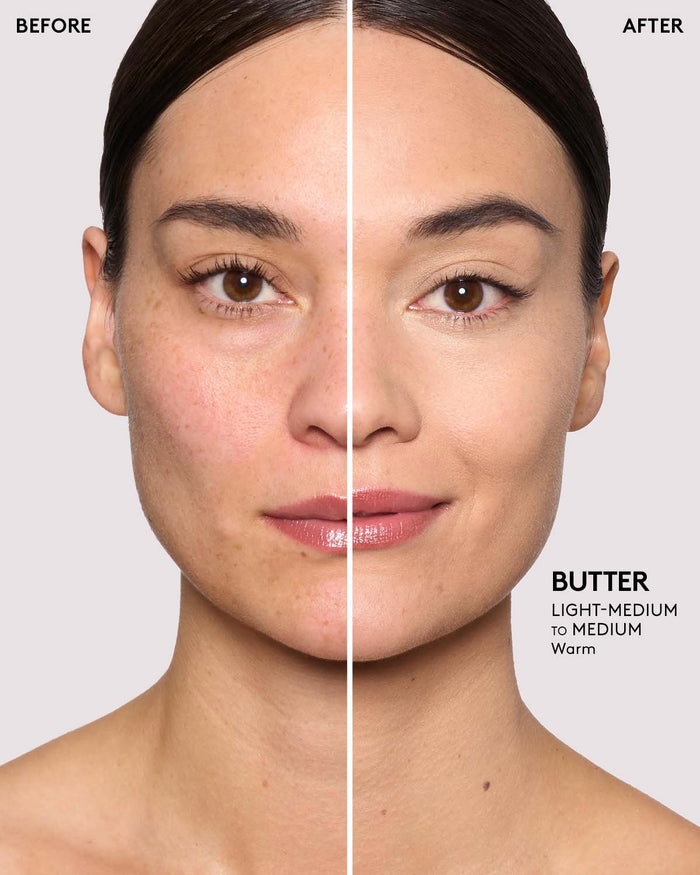 before and after of light-medium skin toned model wearing butter pro filt'r setting powder