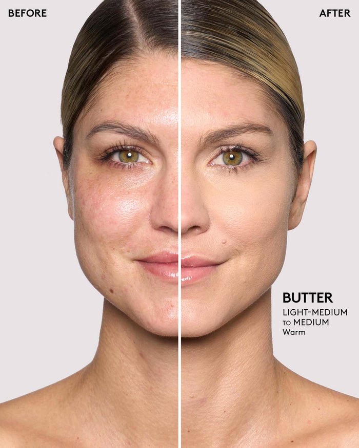 before and after of light skin toned model wearing butter pro filt'r setting powder