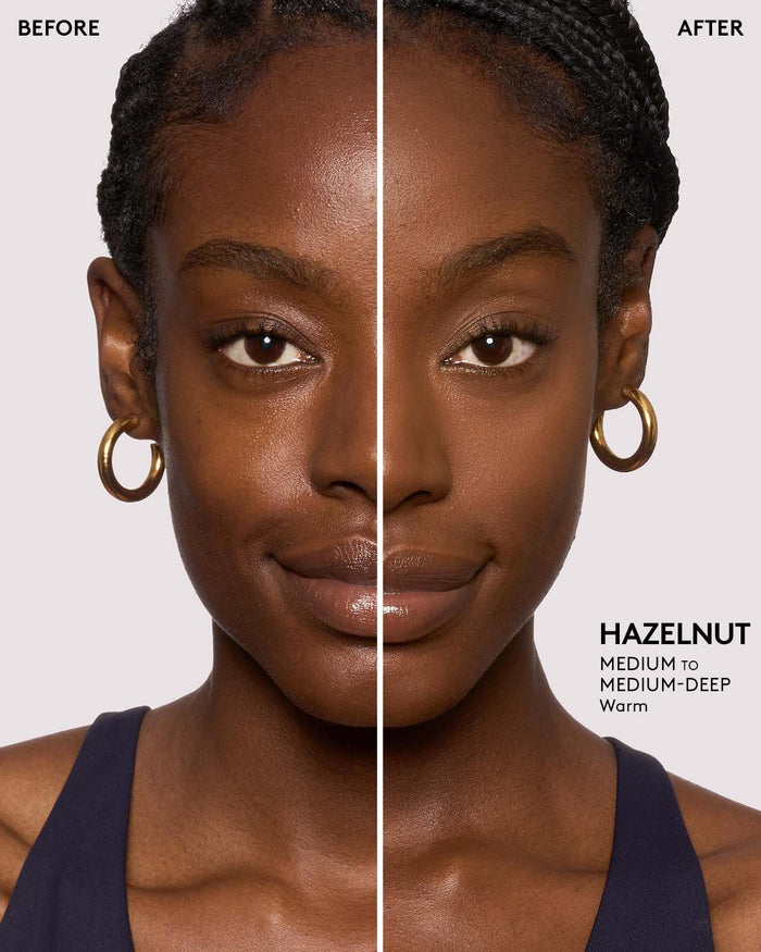 before and after of medium-deep skin toned model wearing hazelnut pro filt'r setting powder