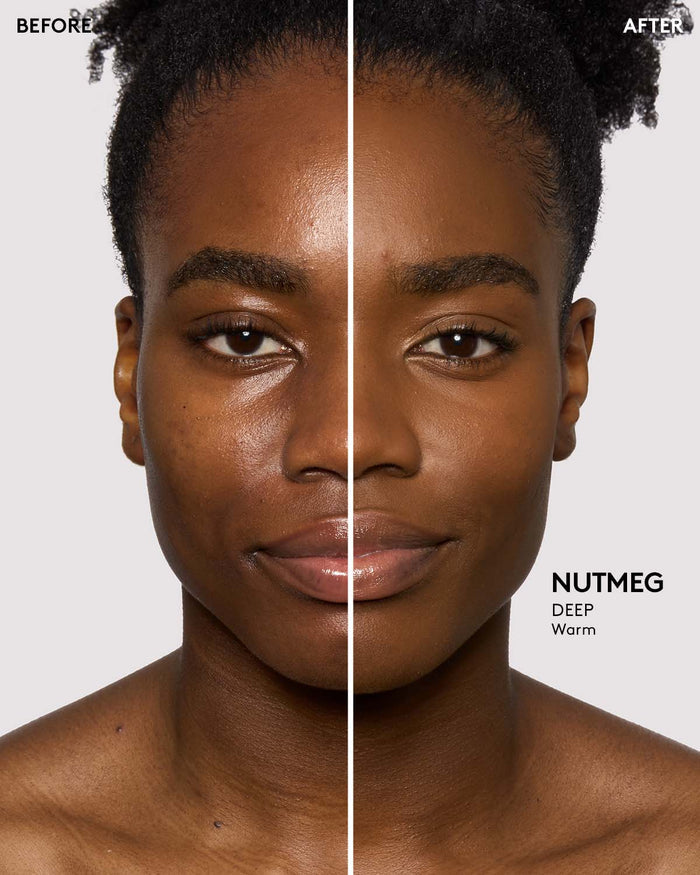before and after of deep skin toned model wearing nutmeg pro filt'r setting powder