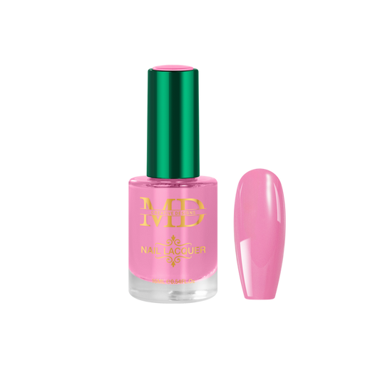 Pink nail polish bottle with green cap on a white background