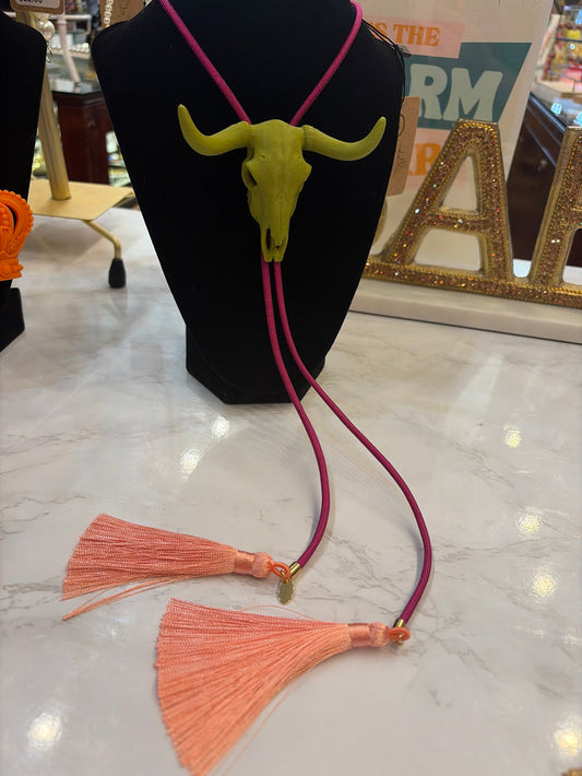 Rahya Jewelry Design Bolo Necklace featuring a stylish bolo tie with intricate silver detailing and adjustable cord.