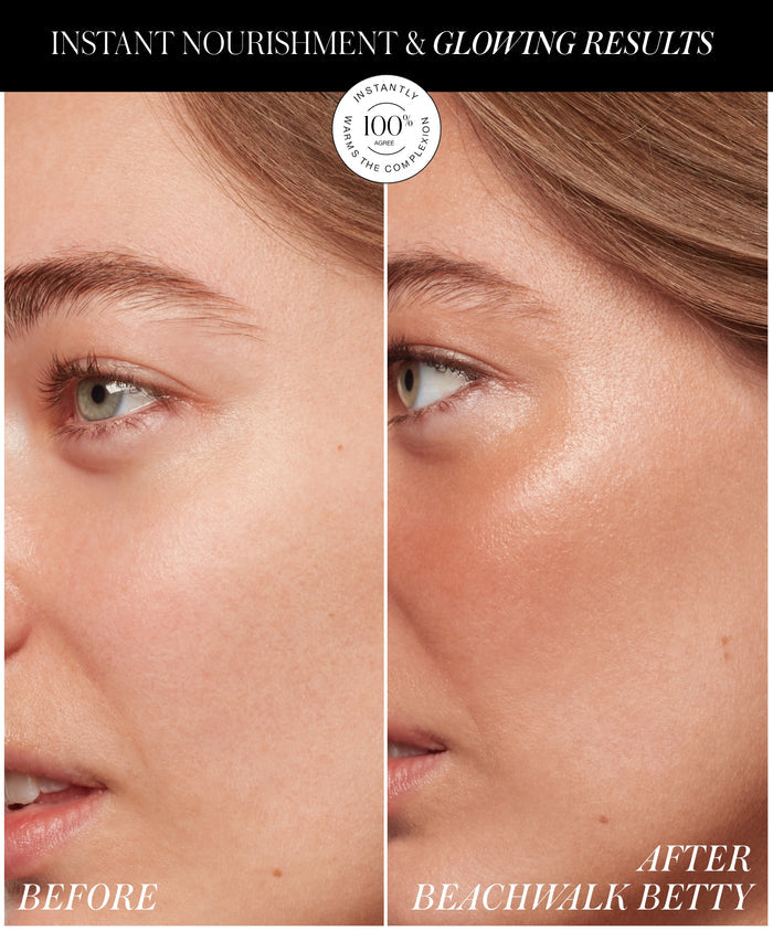 Close-up side profile of a woman's face showing before and after results using ReDimension Hydra Bronzer, highlighting instantly nourished, glowing, and radiant skin.
