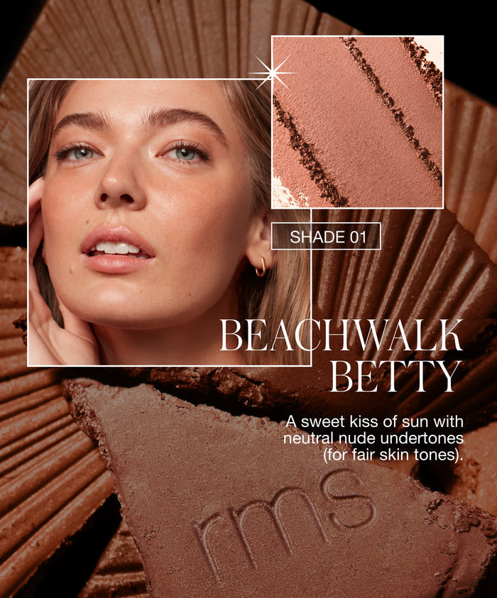 Close-up of a woman with fair skin wearing ReDimension Hydra Bronzer in Shade 01 Beachwalk Betty, showcasing a neutral nude bronzer with smooth texture and natural finish.