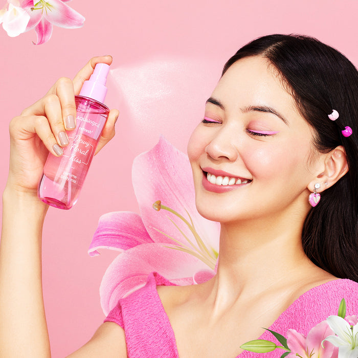 Applying Aqualogica body mist with a fresh glow
