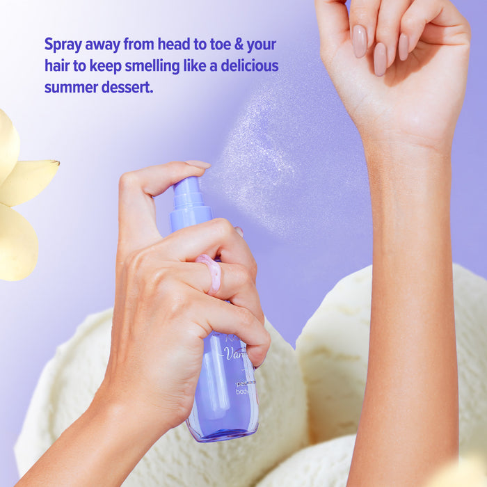 Spraying Sun Kissed Vanilla body mist on skin