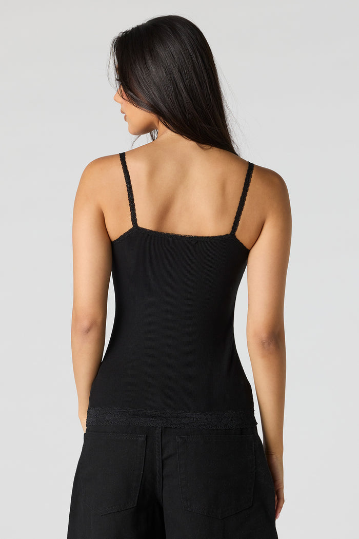 Ribbed Lace Trim V-Neck Cami