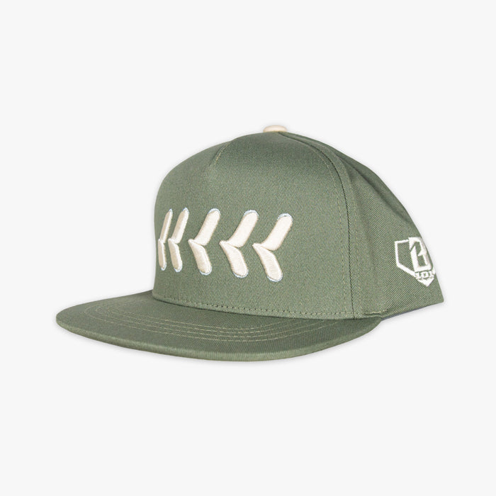 Olive green snapback hat with white embroidered baseball seam stitch design and BL101 logo on the side