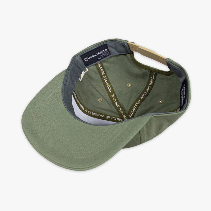 Olive green snapback hat with white embroidered baseball seam stitch design and BL101 logo on the side