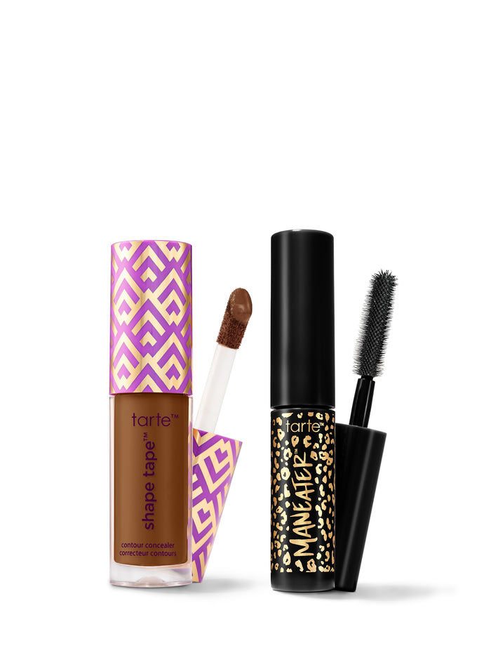 Tarte makeup products including a lip product and mascara on a white background