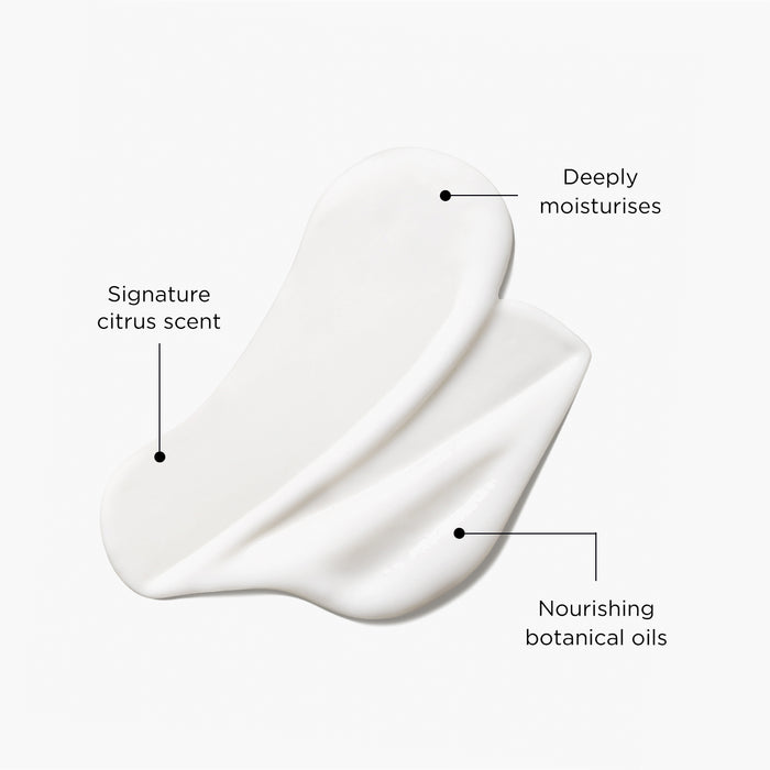 White cream texture swatch labelled with product benefits: deeply moisturises, signature citrus scent, and nourishing botanical oils, representing Tropic’s Signature Hand Lotion formula.