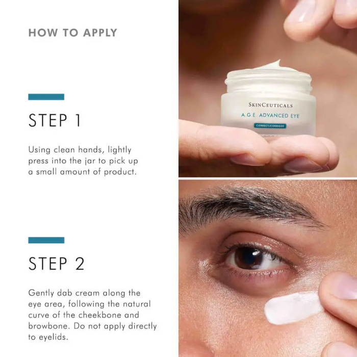 How to apply SkinCeuticals A.G.E. Advanced Eye cream, step 1 and step 2 around the eye area