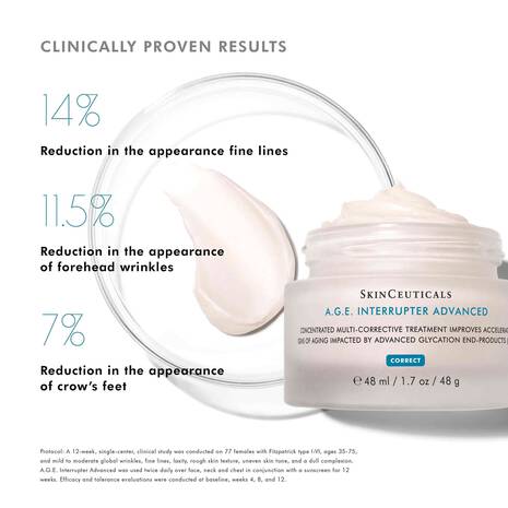 SkinCeuticals A.G.E. Interrupter Advanced jar with clinical results text and cream swatch