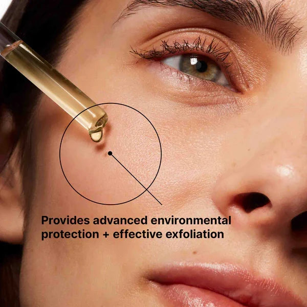 SkinCeuticals C + AHA serum drop on face with text: advanced environmental protection and effective exfoliation