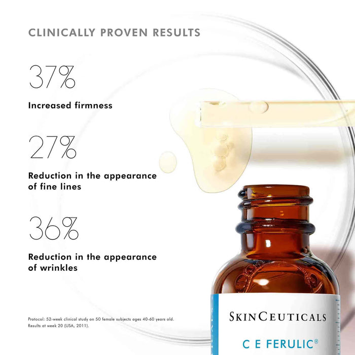 SkinCeuticals C E Ferulic serum bottle with clinically proven results for firmness, fine lines, and wrinkles