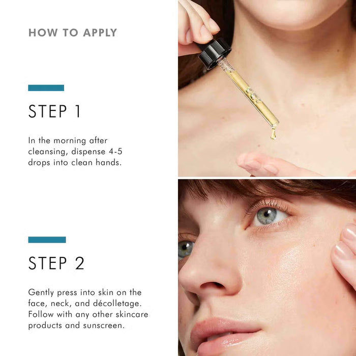 SkinCeuticals C E Ferulic application steps with serum dropper and face application