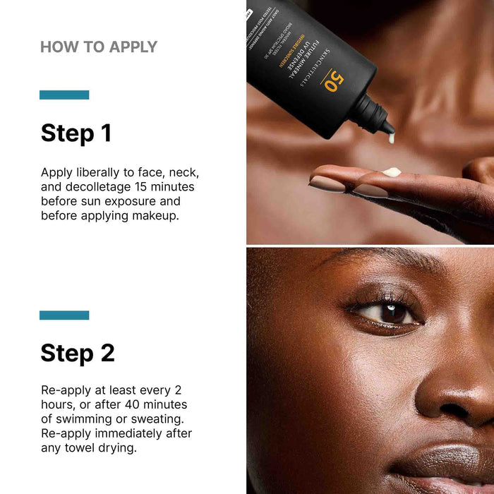SkinCeuticals Future Mineral UV Defense SPF 50 application steps with sunscreen on hand and face