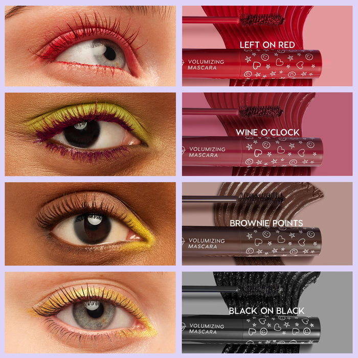 ColourPop Mascara Set Slays of the Week showcasing four close-up eyes wearing BFF Volumizing Mascara; tubes and swatches labeled Left on Red, Wine O’Clock, Brownie Points, and Black on Black, displayed in a grid for shade comparison.