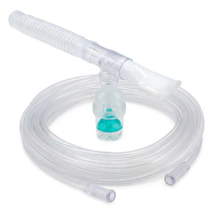 A small volume disposable nebulizer cup with attached 7 foot tubing, primarily clear in color with some parts grey and blue.