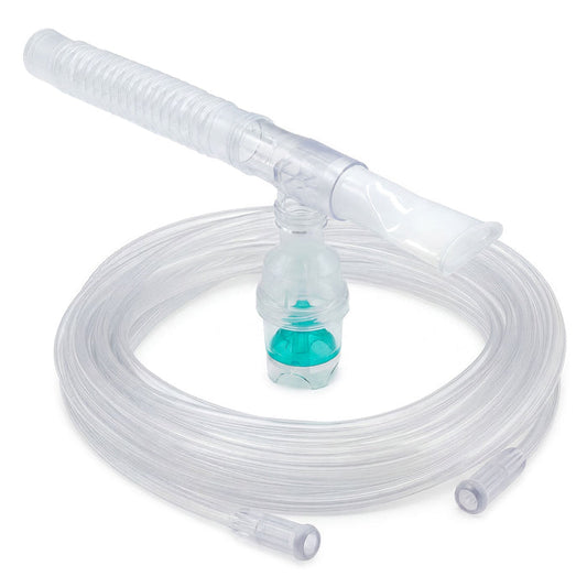 A small volume disposable nebulizer cup with attached 7 foot tubing, primarily clear in color with some parts grey and blue.