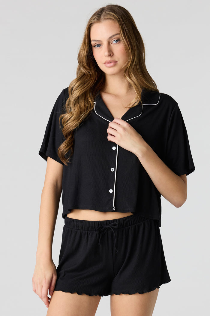 Soft Ribbed Button-Up Top & Short Pajama Set