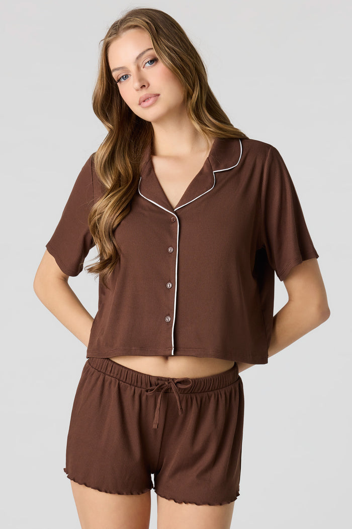 Soft Ribbed Button-Up Top & Short Pajama Set