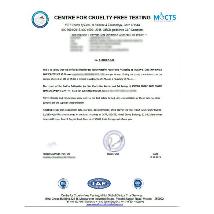 cruelty free testing of skin finish sunscreen spf50+ Vilvah