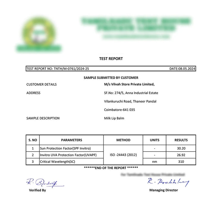 test report of vilvah milk lip balm