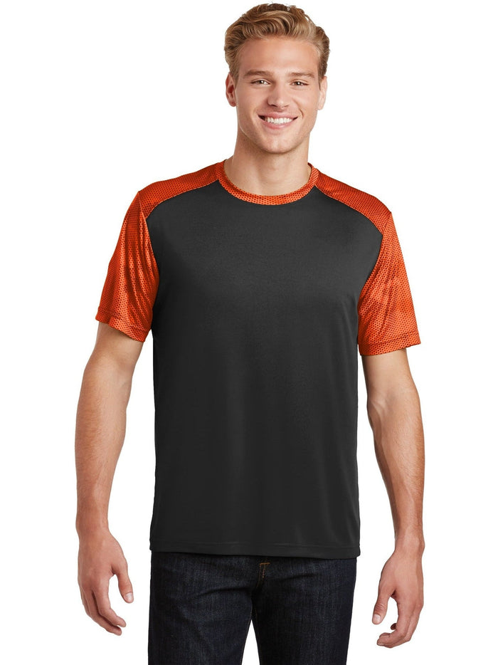 Sport-Tek Camohex Colorblock Tee-Regular-Sport-Tek-Black/Neon Orange-S-Thread Logic