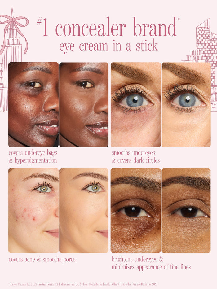 A graphic for shape tape stick with before and after photos of different skin tones and conditions such as dark circles, hyperpigmentation, acne, and fine lines. The text reads '#1 concealer brand eye cream in a stick'