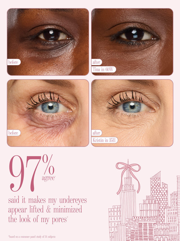 Before-and-after collage showing four close-up eye photos with text labels 'before' and 'after', text reading '97% agree' using tarte shape tape blur stick
