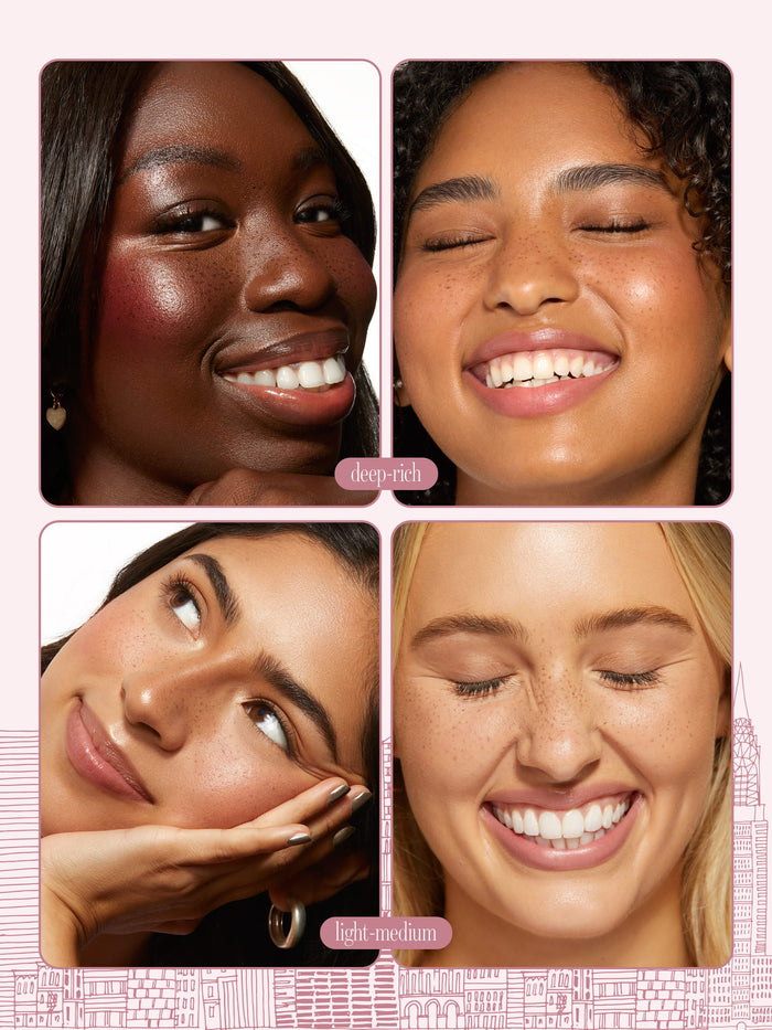 Four-panel beauty collage showing different women using tarte go with the faux freckle stamp in shades deep to rich and light medium