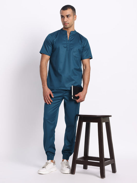Stretchable (2Way) Men Forest Green Mandarin Neck With Jogger Scrub Set