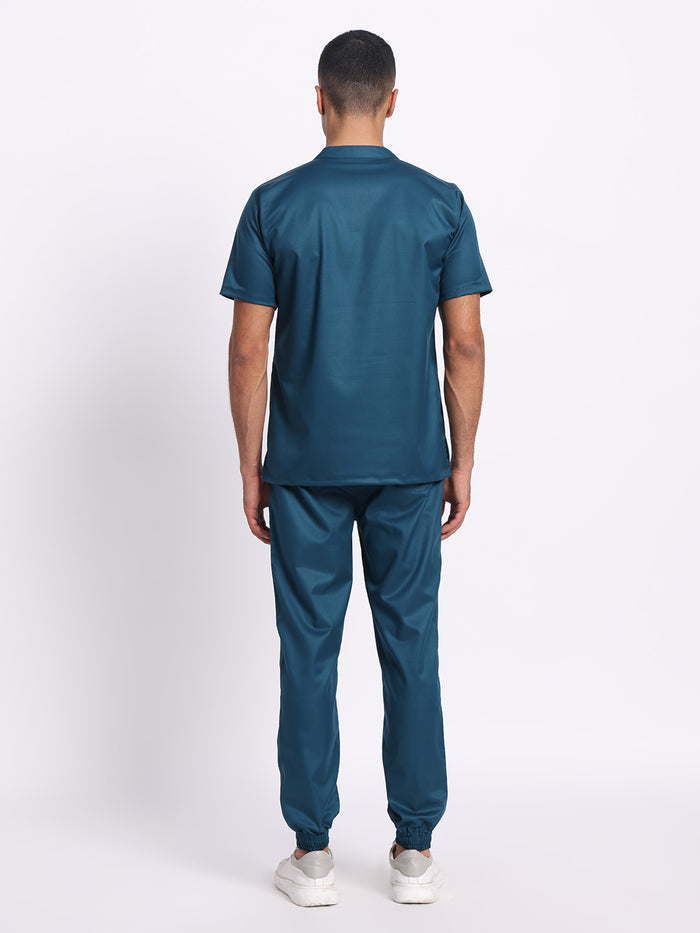 Stretchable (2Way) Men Forest Green Mandarin Neck With Jogger Scrub Set
