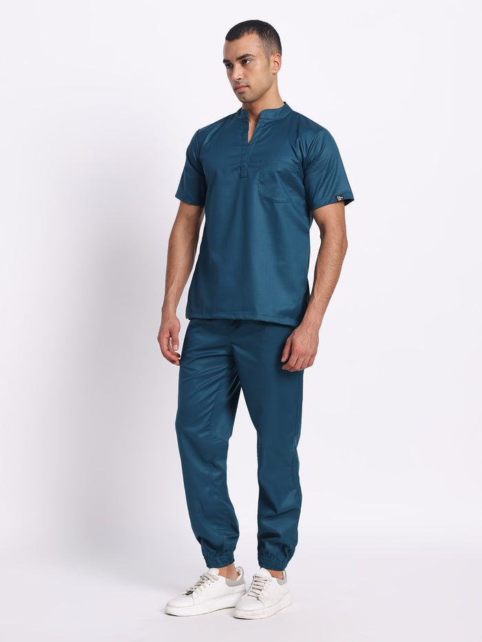 Stretchable (2Way) Men Forest Green Mandarin Neck With Jogger Scrub Set