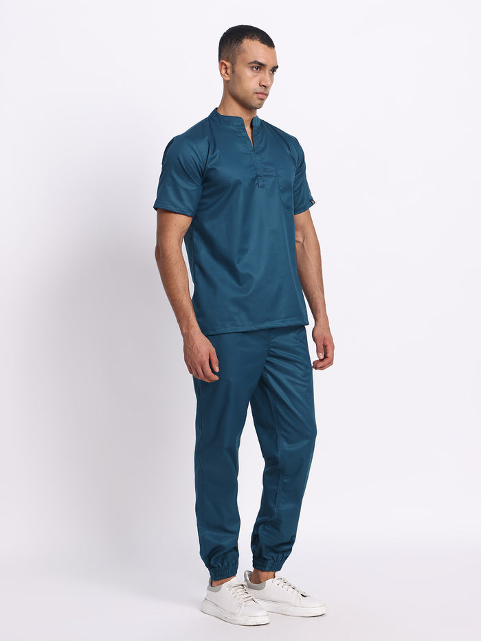 Stretchable (2Way) Men Forest Green Mandarin Neck With Jogger Scrub Set