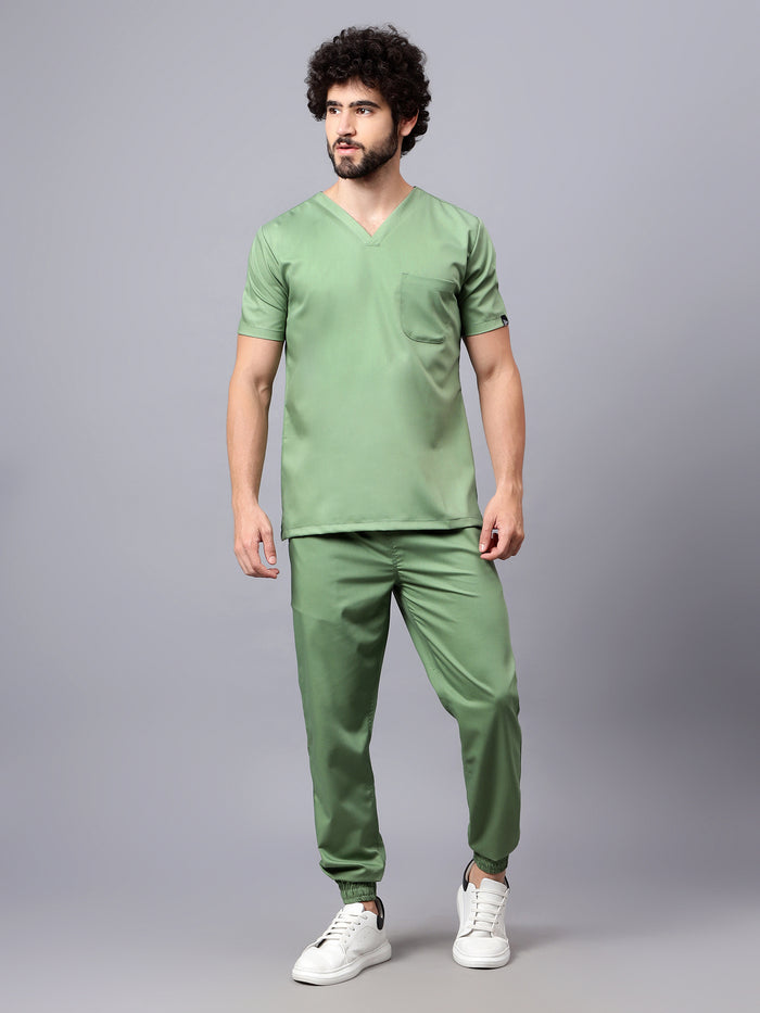 Stretchable (2Way) Men Pista Green V-Neck With Jogger Scrub Set