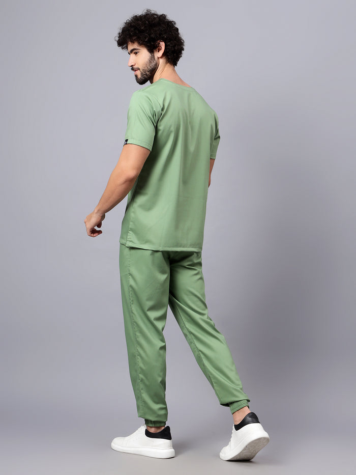 Stretchable (2Way) Men Pista Green V-Neck With Jogger Scrub Set
