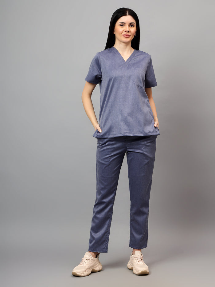 Stretchable (2Way) Women Denim Blue Texture Straight Scrub Pant